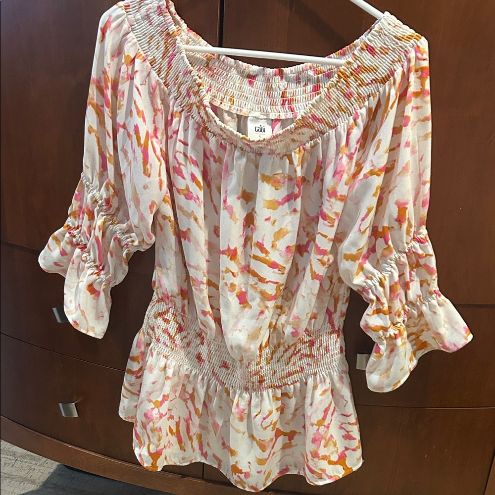 CAbi Women's Blouse with Pink and Orange Abstract Design